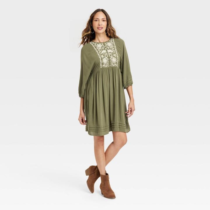 Women's Long Sleeve Embroidered Babydoll Dress - Knox Rose Green
