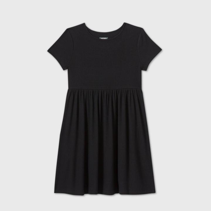 Women's Short Sleeve Rib-knit Babydoll Dress - Wild Fable Black