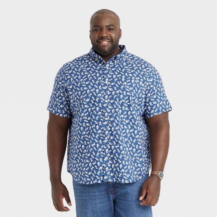 Men's Tall Printed Standard Fit Short Sleeve Button-down Shirt - Goodfellow & Co Vibrant Blue/fish