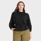 Women's Plus Size Puff 3/4 Sleeve Smocked Peplum Top - Who What Wear Black