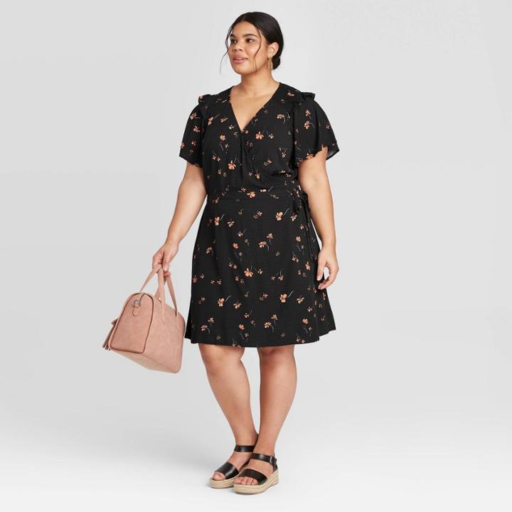 Women's Plus Size Floral Print Short Sleeve Ruffle Wrap Dress - Universal Thread Black 1x, Green Pink Blue