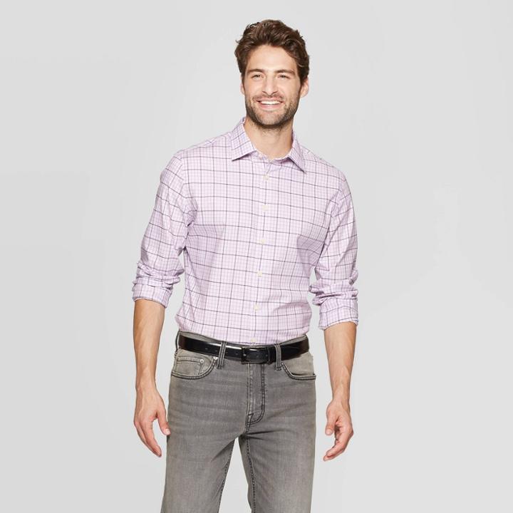 Men's Plaid Slim Fit Long Sleeve Dress Button-down Shirt - Goodfellow & Co Lavender