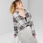 Women's Plus Size Long Sleeve Button Front Cropped Plaid Top - Wild Fable Cream (ivory)/black