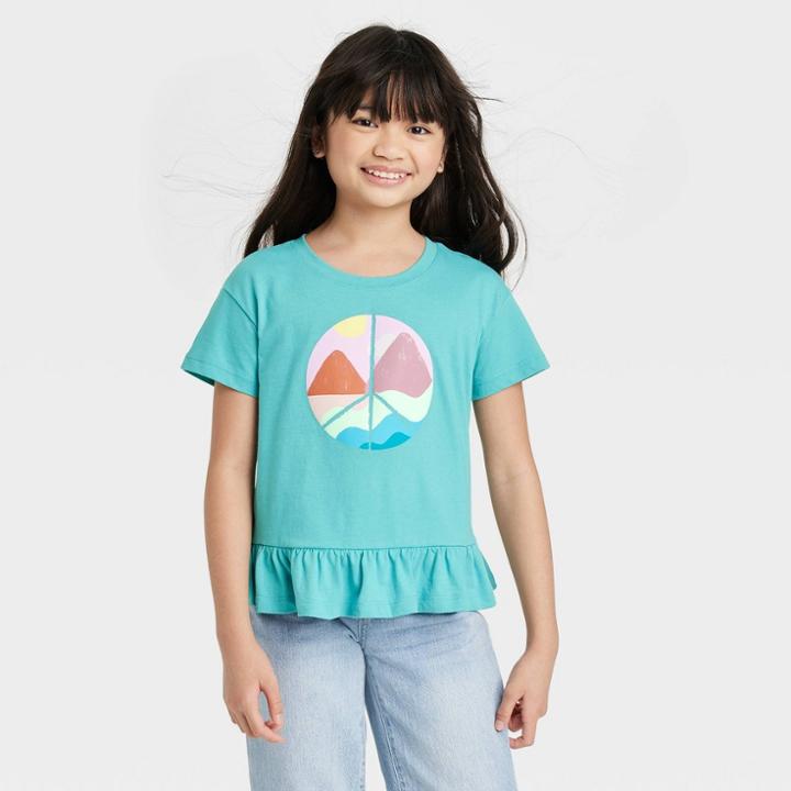 Girls' Short Sleeve Peplum T-shirt - Cat & Jack Turquoise Green