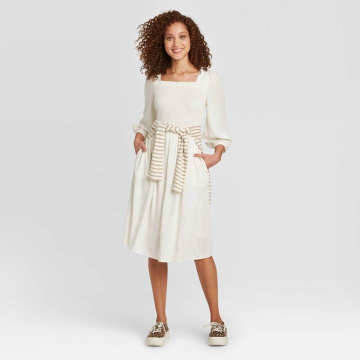 Women's 3/4 Sleeve Smocked Dress - A New Day Cream Xs, Women's, Ivory