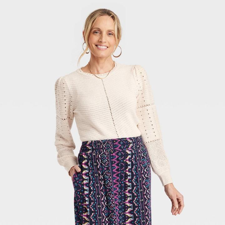 Women's Crewneck Pointelle Sweater - Knox Rose Ivory