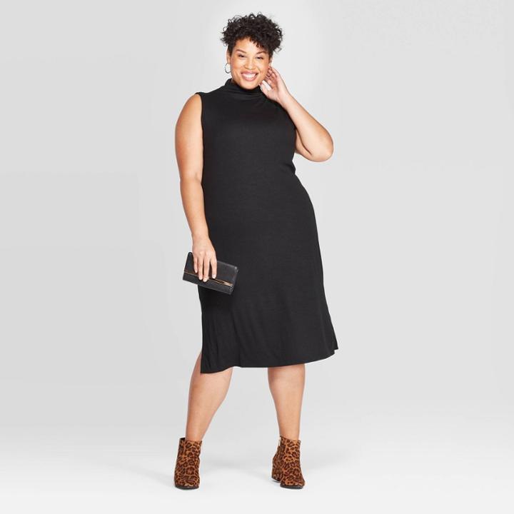 Women's Plus Size Sleeveless Turtleneck Rib Knit Dress - A New Day Black
