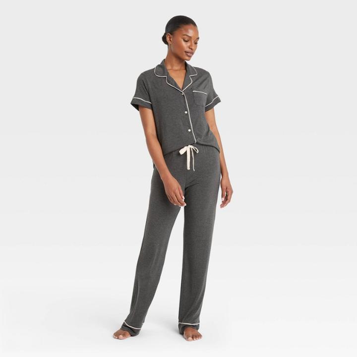 Women's Beautifully Soft Short Sleeve Notch Collar Top And Pants Pajama Set - Stars Above Heather Gray