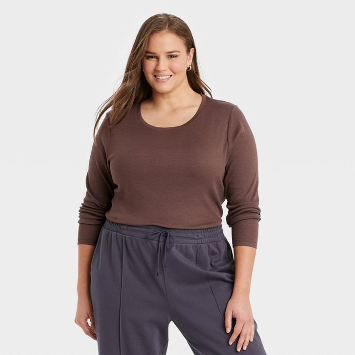 Women's Plus Size Long Sleeve Ribbed T-shirt - A New Day Brown