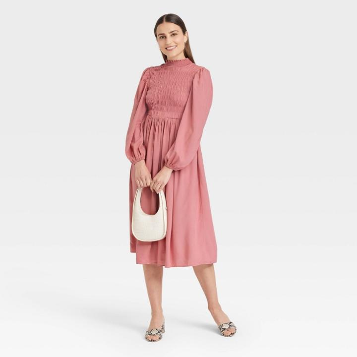 Women's Long Sleeve Smocked Bodice Dress - A New Day Pink