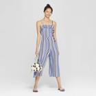Women's Striped Strappy Ruffle Trim Side Button Cropped Jumpsuit - Xhilaration Blue