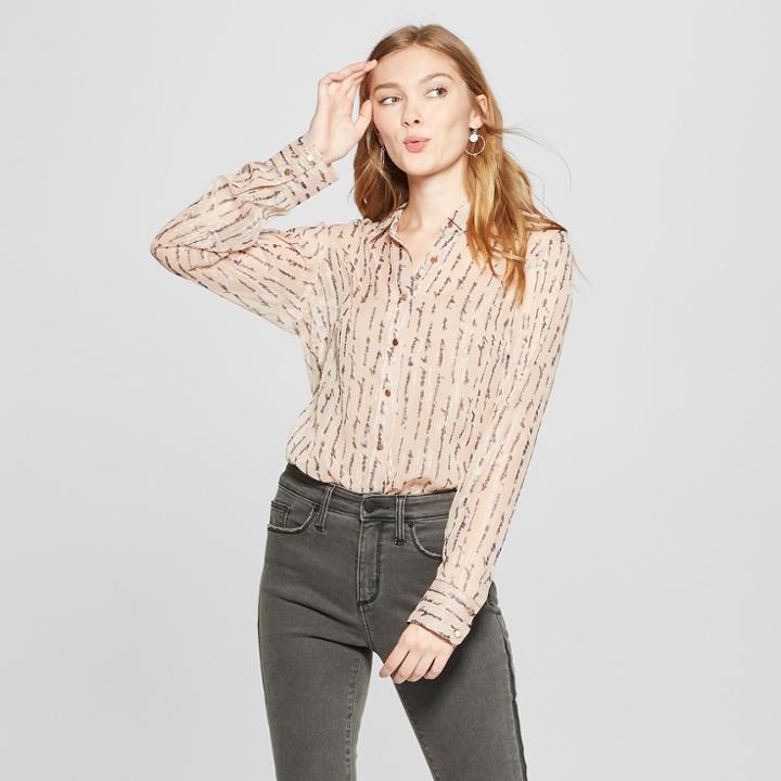 Women's Striped Long Sleeve Shine Chiffon Blouse - A New Day Blush