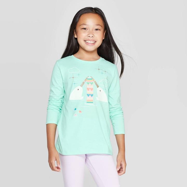Girls' Long Sleeve Knitting Narwhal Graphic T-shirt - Cat & Jack Mint Xl, Girl's, Green