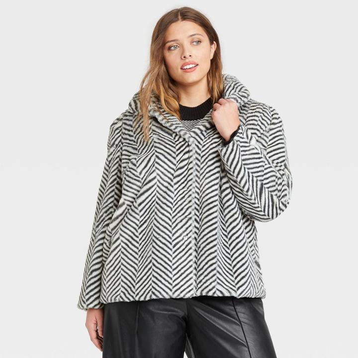 Women's Plus Size Faux Fur Jacket - Who What Wear Black Chevron