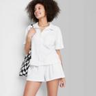 Women's Ascot + Hart Terry Cloth Short Sleeve Button-down Graphic Top - White