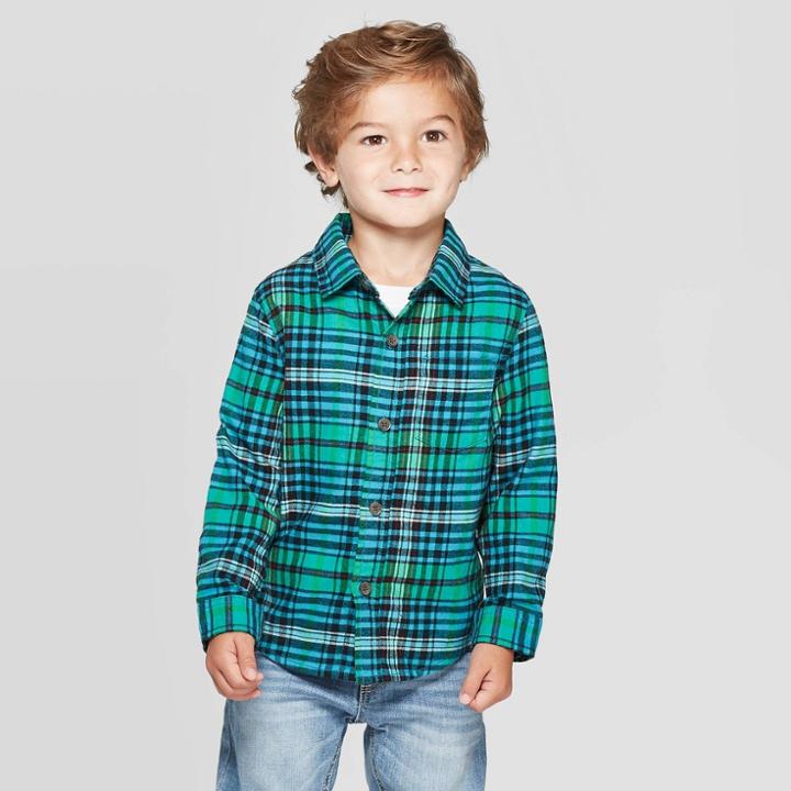 Toddler Boys' Long Sleeve Plaid Woven Shirt - Cat & Jack Green 12 M, Toddler Boy's,
