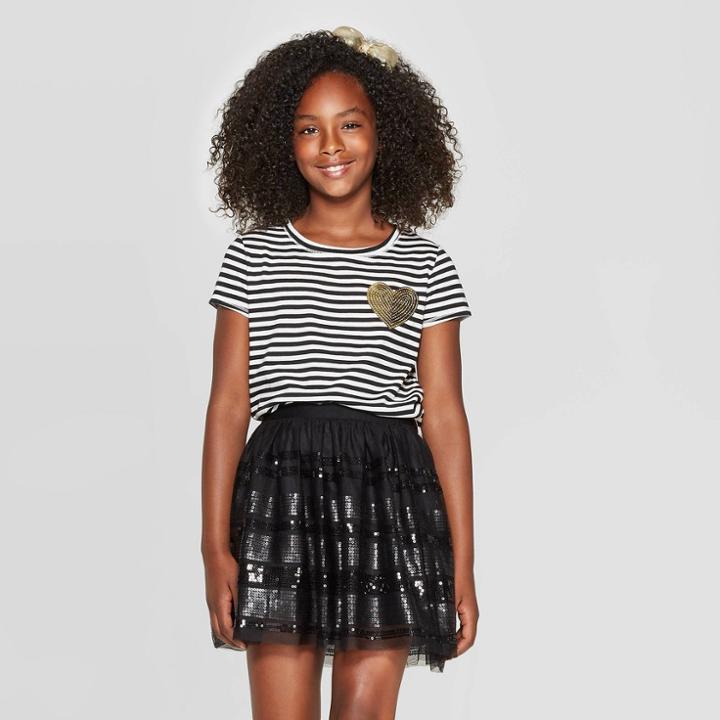 Petitegirls' Short Sleeve Stripe Pocket T-shirt - Cat & Jack Black/cream L, Girl's, Size: