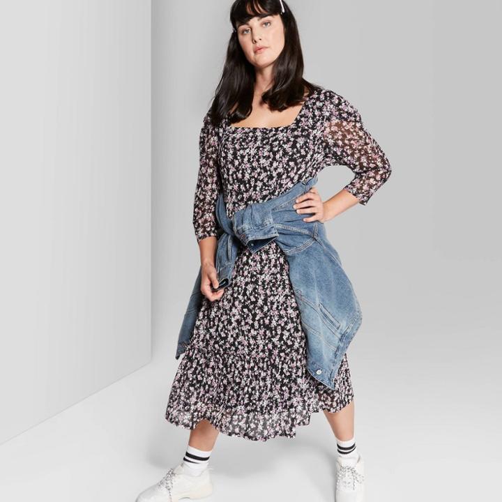 Women's Plus Size Floral Print Square Neck Woven Mini Dress - Wild Fable Black 2x, Women's,