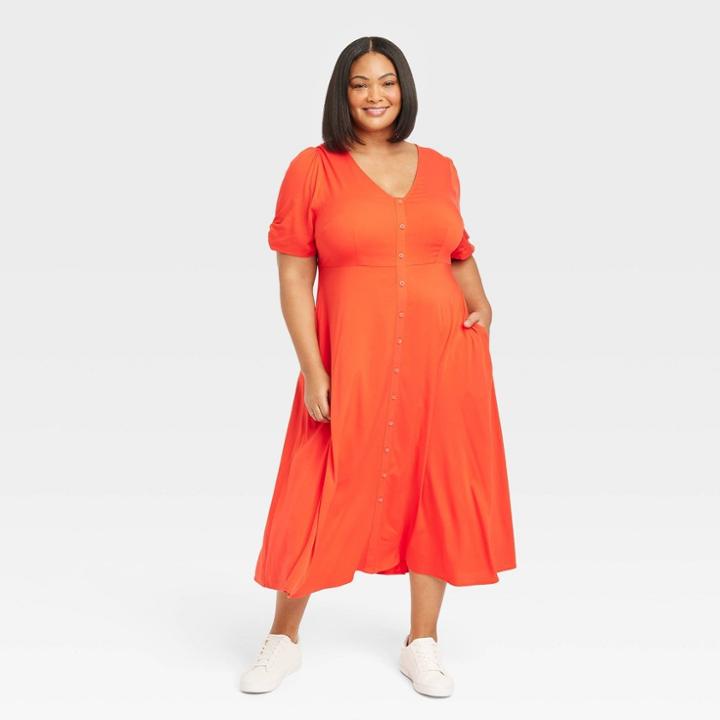 Women's Short Sleeve Button-front Shirtdress - Ava & Viv Red