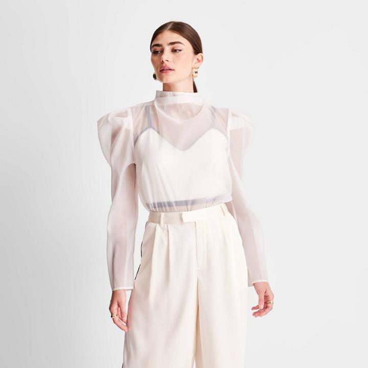 Women's Puff Shoulder Long Sleeve Mock Neck Blouse - Future Collective With Kahlana Barfield Brown Cream Xxs