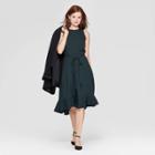 Women's Geometric Print Casual Fit Sleeveless Crewneck Tie Waist Dress - A New Day Green