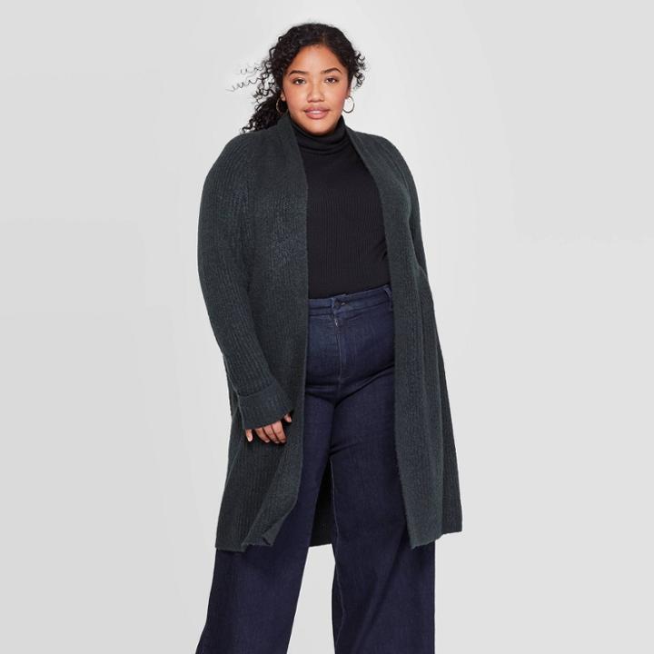 Women's Plus Size Brushed Rib Long Sleeve Cardigan - Ava & Viv Dark Green
