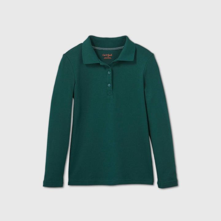 Girls' Long Sleeve Interlock Uniform Polo Shirt - Cat & Jack Dark Green