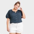 Women's Plus Size Puff Short Sleeve Button-front Blouse - Universal Thread Navy Blue