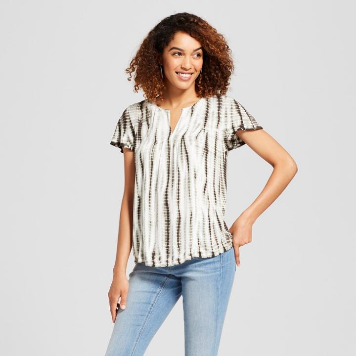 Women's Short Sleeve Lace Yoke Tie Dye Top - Knox Rose Olive