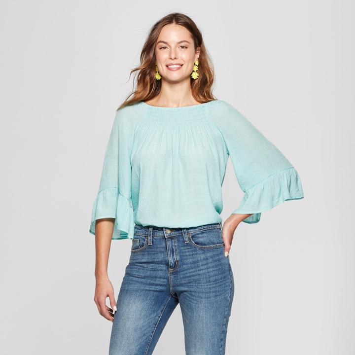 Women's 3/4 Sleeve Smocked Neck Blouse - Spenser Jeremy - Blue M,