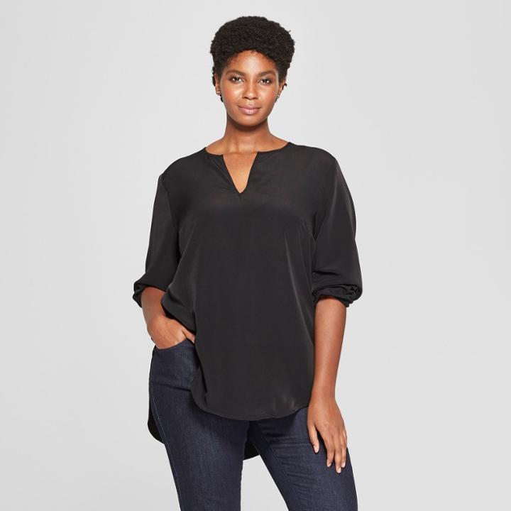 Women's Plus Size Long Sleeve Woven Popover - Ava & Viv Black