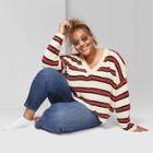 Women's Plus Size Striped Long Sleeve V-neck Sweater - Wild Fable Beige/brown 2x, Women's,