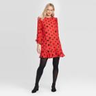 Women's Floral Print Ruffle Long Sleeve Boat Neck Shift Mini Dress - Who What Wear Red