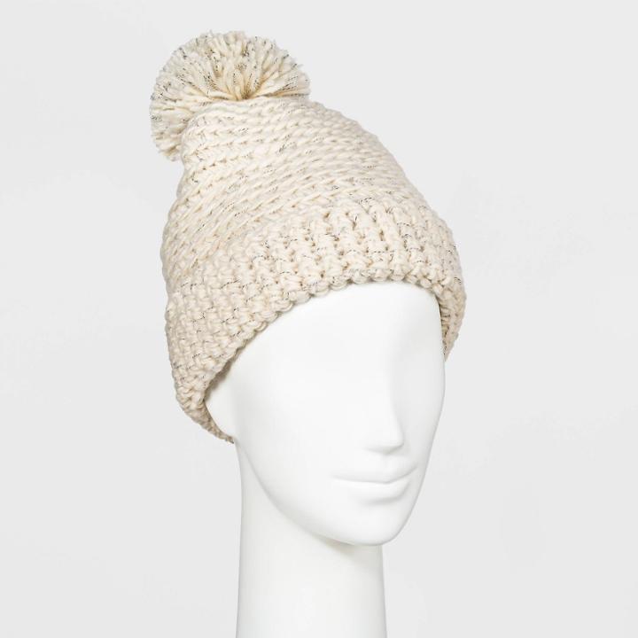 Women's Hand Knit Pom Beanie - Universal Thread Cream One Size, Ivory