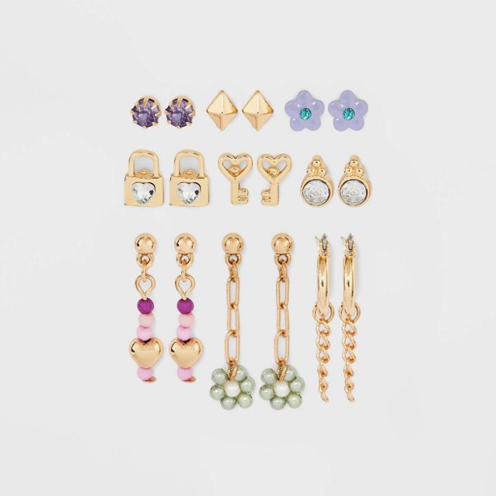 Girls' 9pk Lock & Key Earrings - Art Class Gold