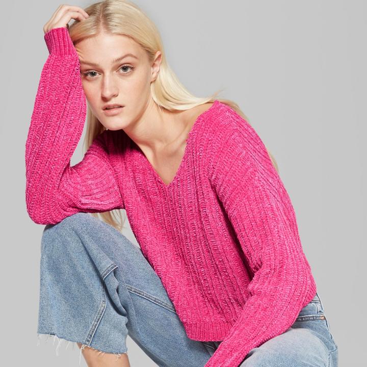 Women's Long Sleeve V-neck Chenille Pullover - Wild Fable Xs Hot
