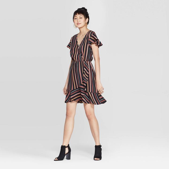 Petitewomen's Striped Short Sleeve Deep V-neck Wrap Mini Dress - Xhilaration Black