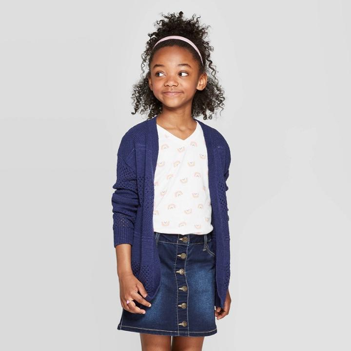 Girls' Long Sleeve Open Cardigan - Cat & Jack Navy