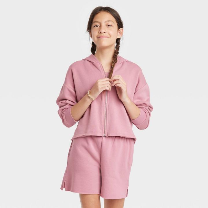 Girls' Cropped Boxy Zip-up Hoodie - Art Class Dusty Pink