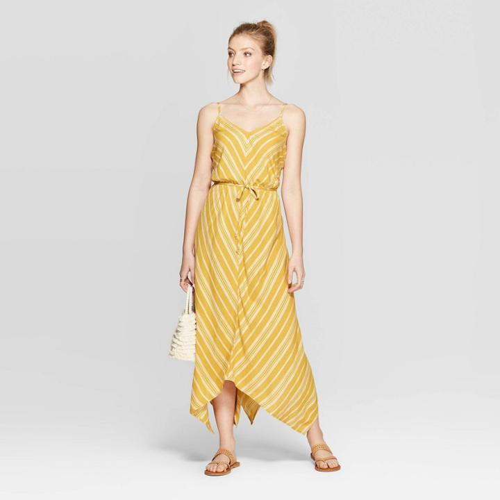 Women's Striped Sleeveless Strappy V-neck Handkerchief Hem Midi Dress - Xhilaration Mustard