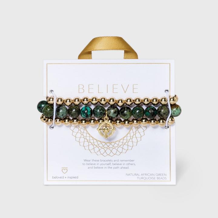 Beloved + Inspired Gold Granite With Compass Charm Trio Stretch Beaded Bracelet