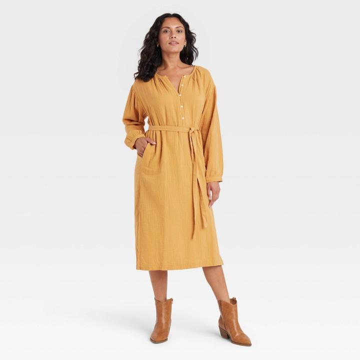 Women's Balloon Long Sleeve Tie-front Shirtdress - Universal Thread Yellow