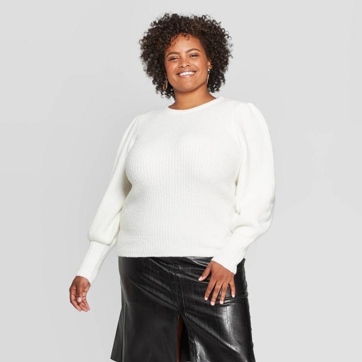 Women's Plus Size Bishop Long Sleeve Crewneck Sweater - A New Day Cream 1x, Women's, Size: