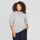 Women's Plus Size Striped Long Sleeve Hooded Snit T-shirt - A New Day Navy (blue)