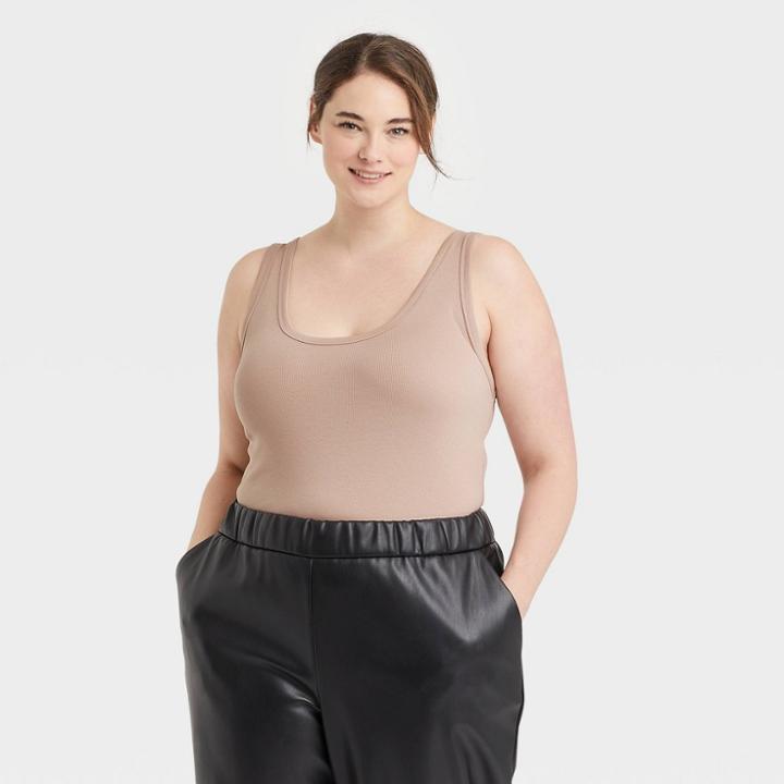 Women's Plus Size Double-scoop Bodysuit - A New Day Beige