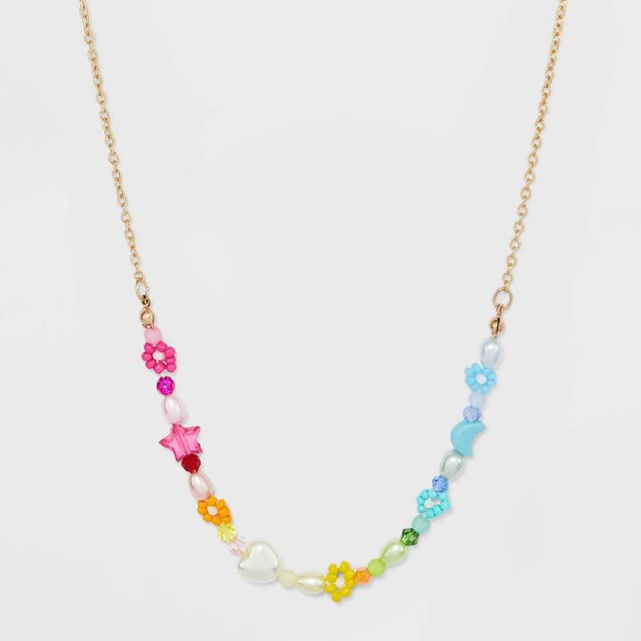 Heart Star And Moon Tonal Rainbow Beaded Necklace - Wild Fable , Gold/red/white