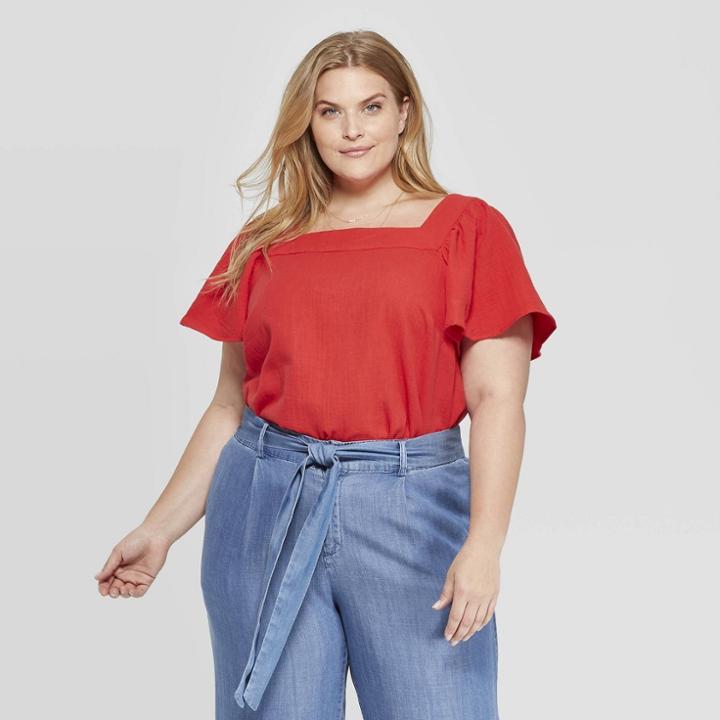 Women's Plus Size Short Sleeve Square Neck Top - Ava & Viv Red