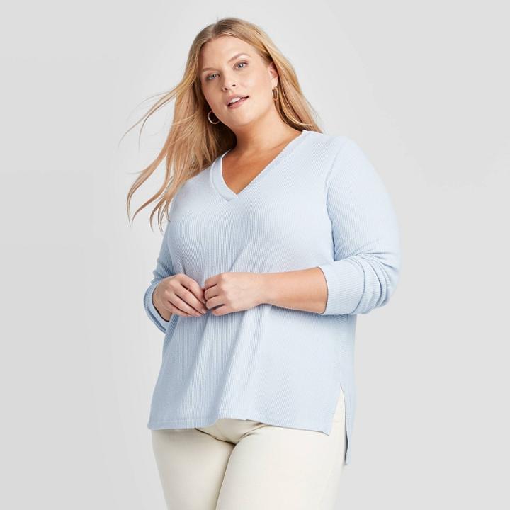 Women's Plus Size Long Sleeve V-neck Rib-knit Top - Ava & Viv Light Blue X, Women's