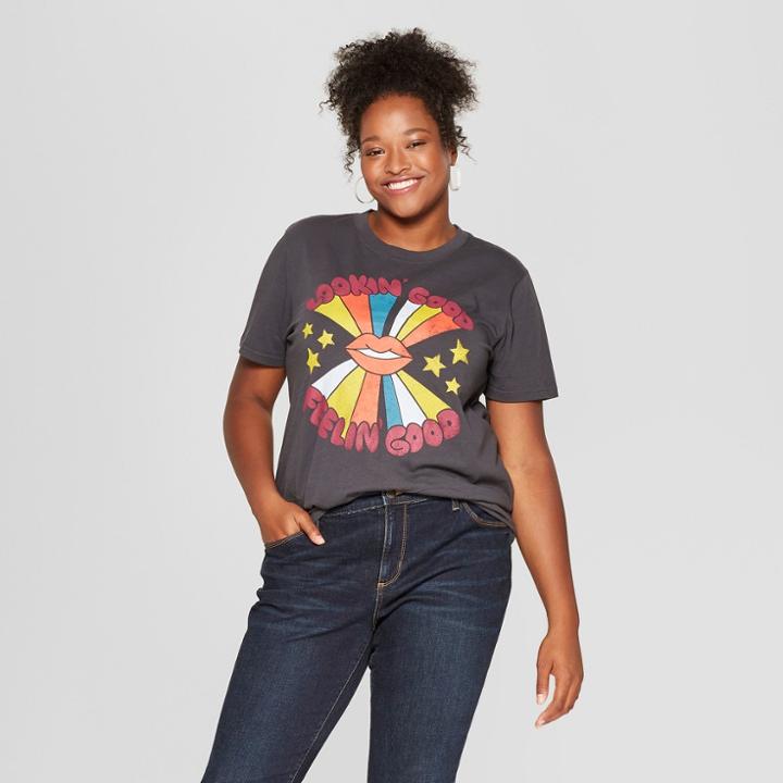 Women's Plus Size Short Sleeve Lookin' Good Feelin' Good Graphic T-shirt - Mighty Fine (juniors') Black