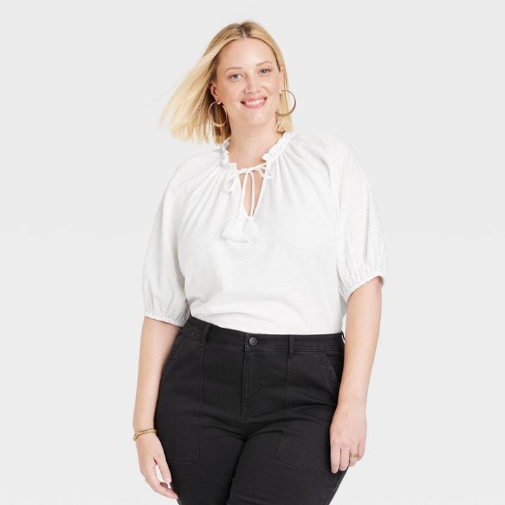 Women's Plus Size Puff Elbow Sleeve Top - Knox Rose White